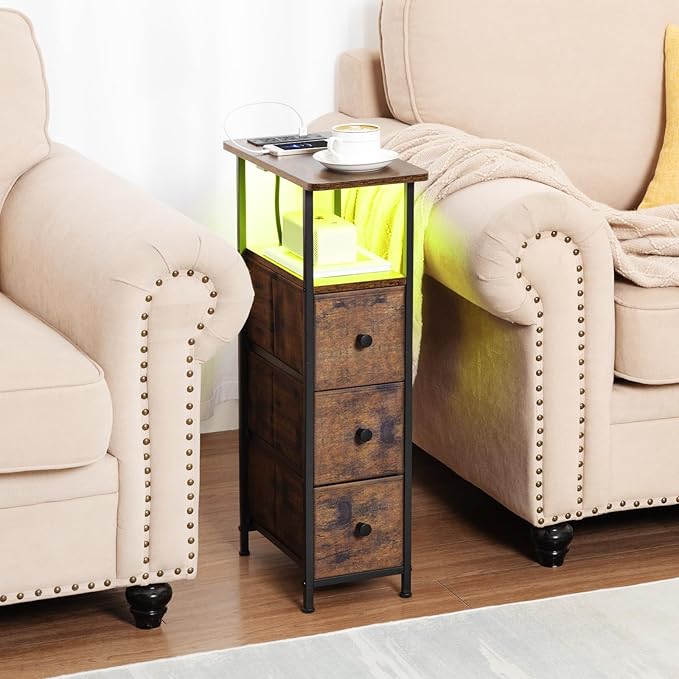Narrow End Tables Living Room Set of 2 with Charging Station, Skinny Side Table with Fabric Drawers, Slim LED Nightstand for Bedroom, Small Spaces, Couch, Rustic Brown, HETNDP03LPBR