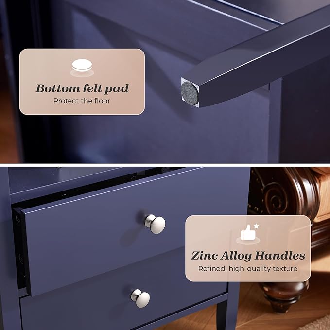 Huuger Nightstand with Charging Station, Blue Nightstand with 2 Drawers, Bed Side Table for Bedroom, Bedside Table with Storage, Modern Nightstands, Metal Knobs, Painted Surface