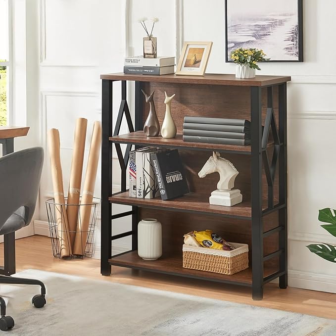 HOMISSUE Bookshelf, 4-Tier Rustic Short Bookshelf, Industrial Shelf Bookcase with Engineered Wood Shelves, Low Bookcase with Storage, Small Shelf for Living Room, Bedroom and Office, Rustic Brown