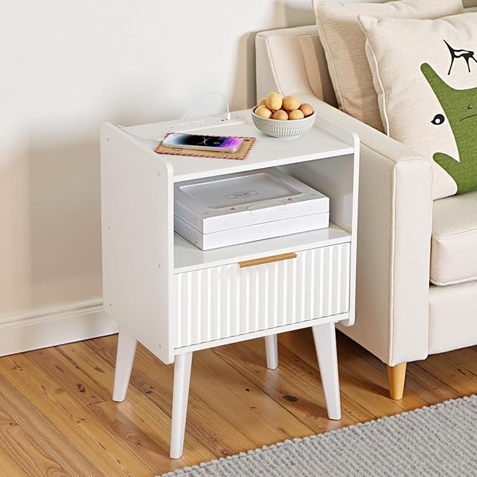 Fluted Nightstand, End Table, Small Modern Bedside Table with Charging Station, Side Table with Drawer, for Small Spaces, Bedroom, Living Room, White ETWT61E01N1