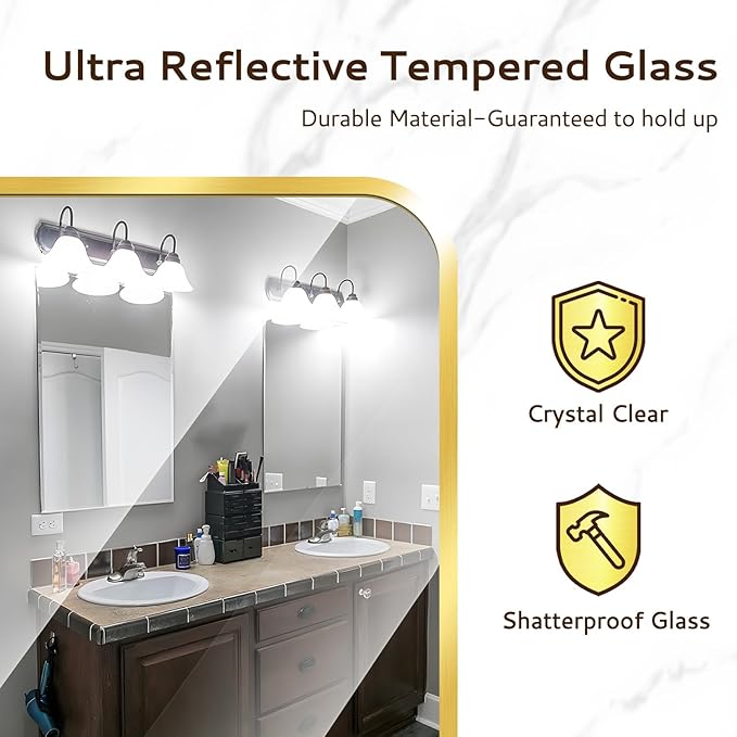 20x28 Rounded Rectangle Bathroom Mirrors for Over Sink, Gold Vanity Mirror with Metal Frame Wall Mounted, Modern Farmhouse Mirror for Restroom, Bedroom, Entryway Decor