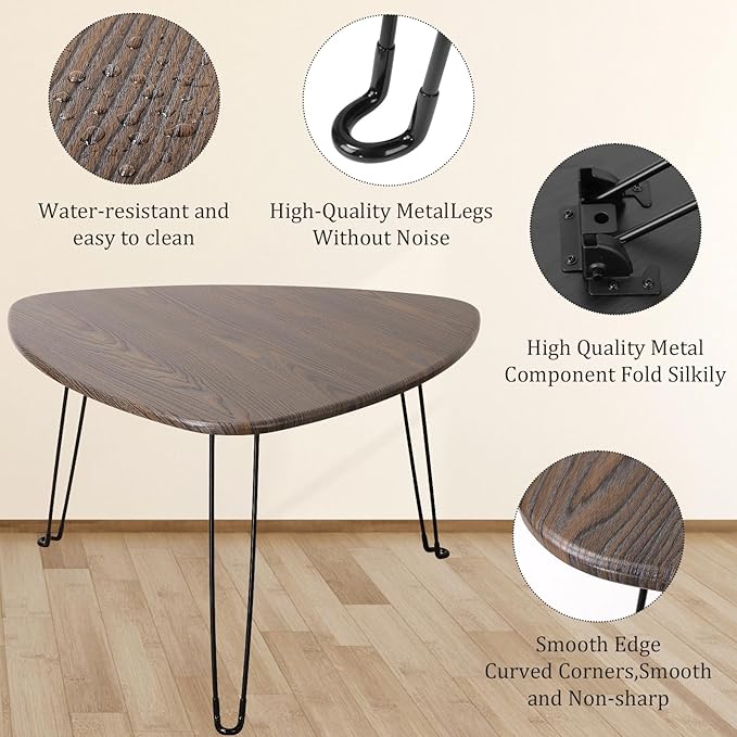 Folding Coffee Tables for Small Spaces Foldable Industrial Sofa Center Table Triangle Design Wood Framed Coffee Table Mid Century Rustic Brown Floor Desk for Living Room Balcony