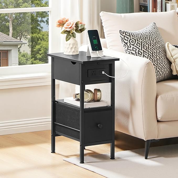 HOOBRO End Table with Charging Station, Flip Top Narrow Side Table with Storage Drawer, Slim Nightstand Bedside Tables with Shelves, for Small Space, Living Room, Bedroom, Black BK343UBZ01G1