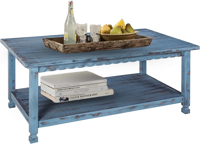 Rustic Rectangular Coffee Table, 42 in. W x 24 in. D x 18 in. H, Living Room Blue Antique, W/ (1) 36 in. W x 18 in. D x 10 in. H Shelf, Farmhouse/Cottage Style, Select Hardwood/Construction