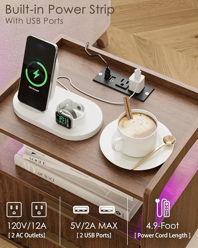 Nightstand with Charging Station and LED Lights,Modern Bedside Table with 2Drawer and Open Shelf,Walnut Night Stand with Solid Wood Legs,End Table for Living Room、Bedroom and Small Spaces