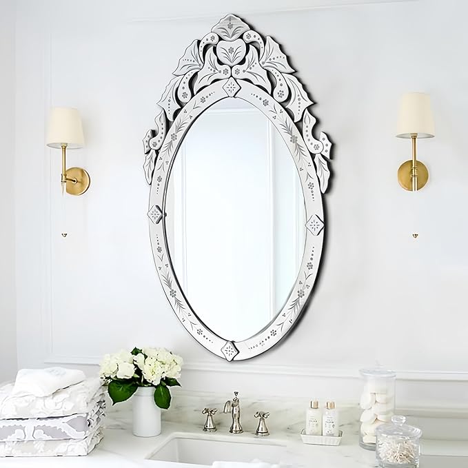 KOHROS Oval Bathroom Mirror 42" x 24" Venetian Mirror with Top Crown Floral Etched Frameless Decorative Wall Mirror for Vanity Bathroom Bedroom Living Room