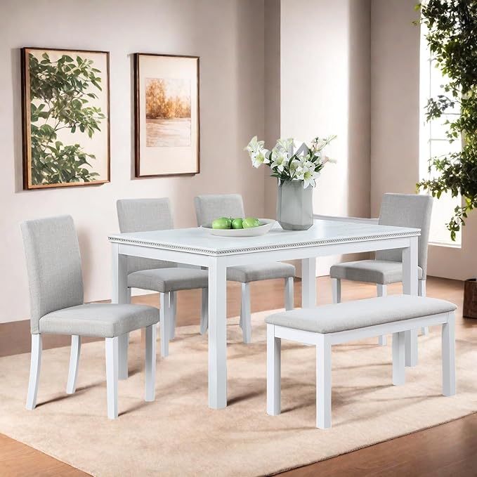 Dining Table Set for 5, 6 Piece Dining Room Table Set with Rectangular Crystal Decoration Table, 4 Upholstered Backrest Chairs and Bench, Counter Height Kitchen Sets with MDF Tabletop, White