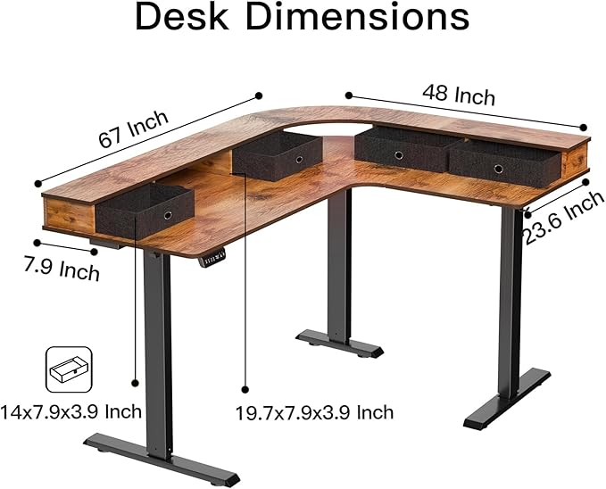 L-Shaped Electric Height Adjustable Desk, 67-inch Reinforced Motor Office Desk with Drawers & Monitor Stand, Ergonomic Design for Healthy Posture, Home Study Gaming, Max load 330 lbs, Retro Brown