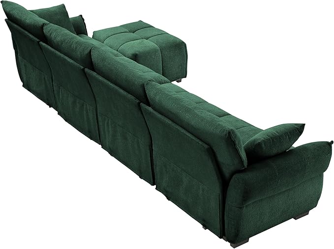 Modern Chenille Fabric 4-Seat Sofa w/Ottoman+2 Pillows, Premium Upholstery Living Room Couch with Tufted Backrest & Comfortable Armrests and High-Resilience Memory Foam Cushions,Green