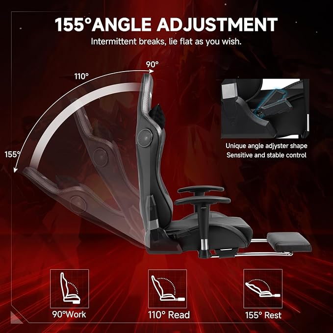 GTPLAYER Gaming Chair with Bluetooth Speakers, Adjustable Backrest and Height, 3D Armrests, Footrest, Ergonomic Computer Chair for Gamers (Dark Black)