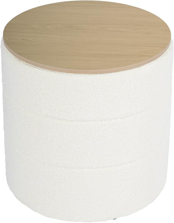 HomePop Channel Storage Ottoman with Wood Top - Cream Boucle