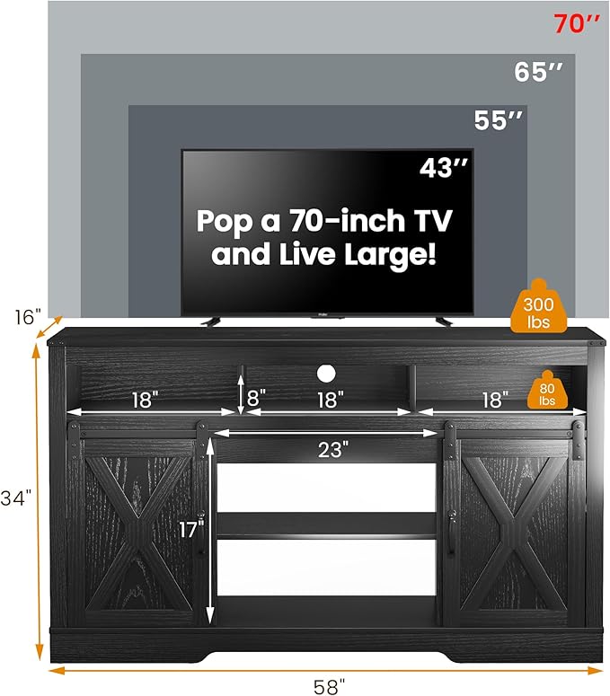 RoyalCraft Farmhouse Fireplace TV Stand for 65+ Inch TV, Entertainment Center with 23" Electric Fireplace with Remote, 34" Tall Modern Rustic TV Console with Sliding Bar Door for Living Room, Black