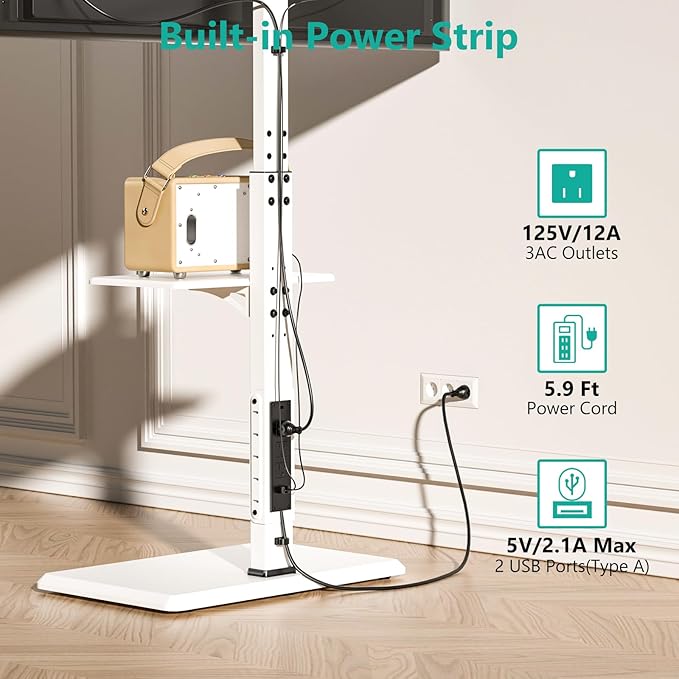 WALI Floor TV Stand with Power Outlet & AV Shelf, Tall TV Stand Mount for 32-75 inch TV up to 110 lbs, Swivel and Height Adjustable TV Stands with Wood Base for Bedroom, Office(TVDVD-6PW), White