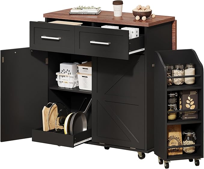 Ball & Cast Farmhouse Kitchen Island with Drop Leaf,Rolling Kitchen Cart on 5 Wheels W/Removable Side Racks and 2 Drawers,Kitchen Storage Cart W/Towel Rack,for Kitchen,Dining Room,Black,47.2"