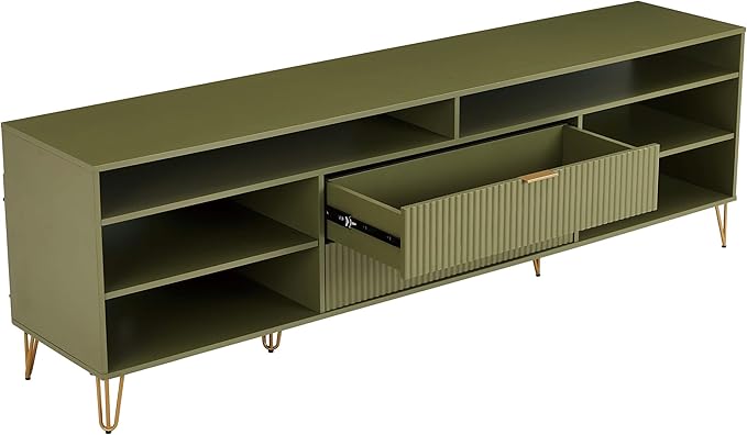 Manhattan Comfort Dumbo Mid Century Modern TV Stand for Televisions up to 80 Inches, Home Entertainment Center with Storage, 6 Shelves, 2 Drawers, No Tool Assembly, 85" Wide, Olive Green
