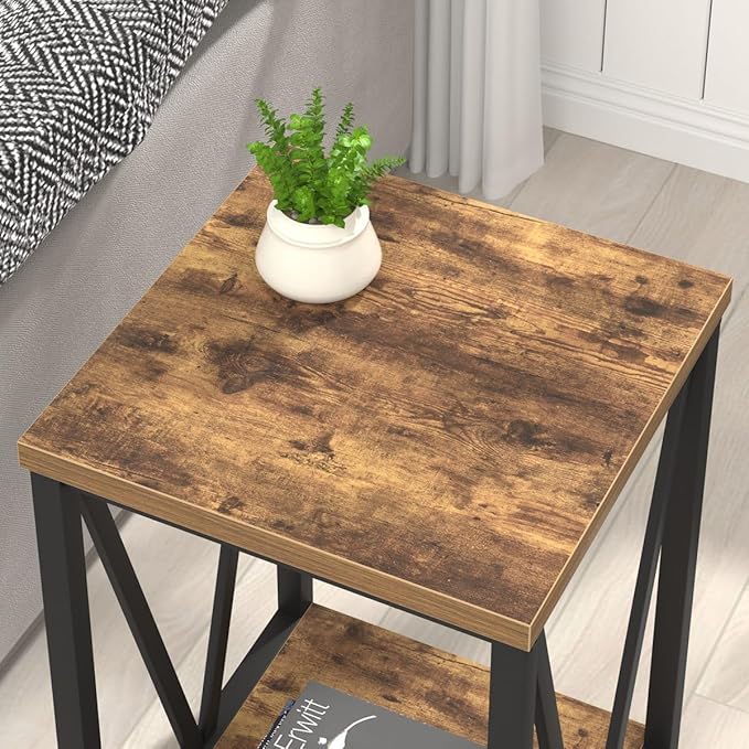 EXCEFUR End Table, Square Side Tables for Living Room, Industrial Metal and Wood Nightstand for Bedroom, Rustic Brown
