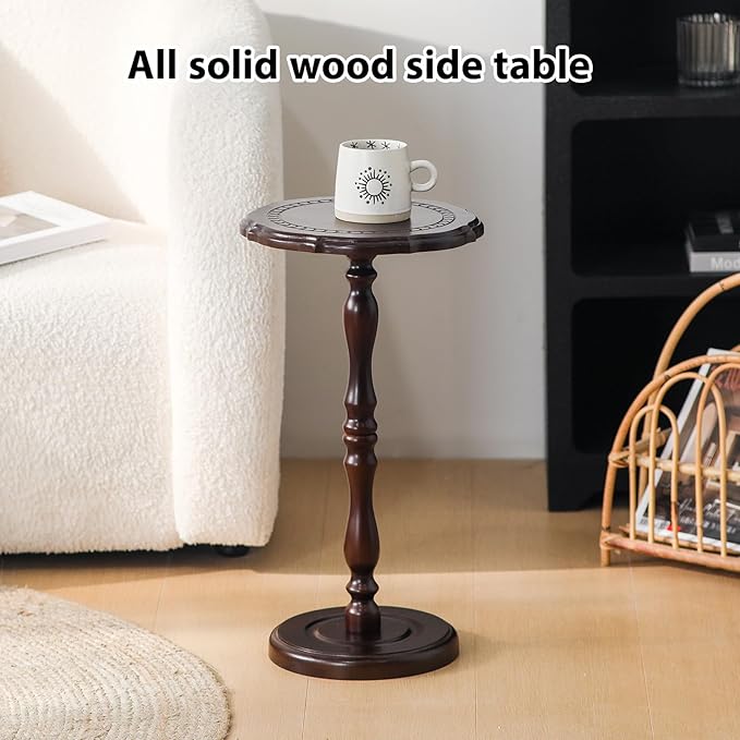 Round Side Table, Small Drink Table for Small Spaces, Solid Wood Modern End Table Accent Nightstand for Bedroom, Living Room, Corners and Office, Brown