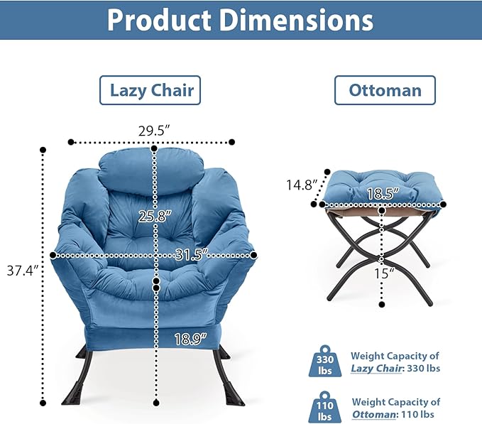 Lazy Chair with Folding Ottoman, Accent Chair Velvet Upholstered with Metal Structure and Non-Slip Pads, Sofa Armchair with Footrest and Side Storage Bag for Dorm, Room, Office, Light Blue