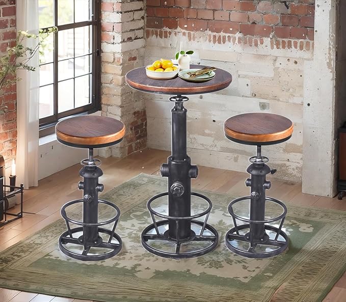 Topower Antique Industrial Round Bottom Adjustable Height Cafe Coffee Retro Vintage Stylish Water Pipe Design Pub Kitchen Bar Stool (Silver, Wooden Top)