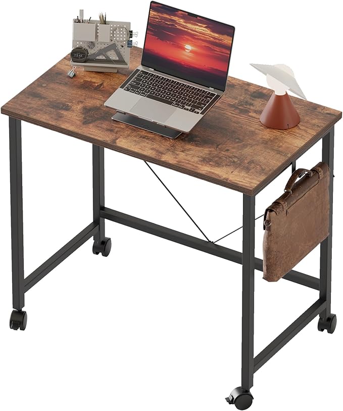 Rolling Computer Desk with Wheels, Gaming Desk for Small Spaces, Modern Simple Style Table for Home Office, Study Writing Table (Caster, Rustic Brown, 24 inch)