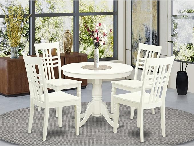 East West Furniture ANLG5-LWH-W 5 Piece Dining Table Set for 4 Includes a Round Kitchen Table with Pedestal and 4 Kitchen Dining Chairs, 36x36 Inch, Linen White