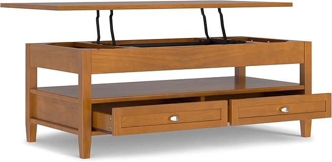 SIMPLIHOME Warm Shaker Lift Top Coffee Table - 48 inch Wide Solid Wood Cocktail Table in Light Golden Brown, Transitional Living Room Table with Hidden Storage, 2 Drawers, and Open Shelf