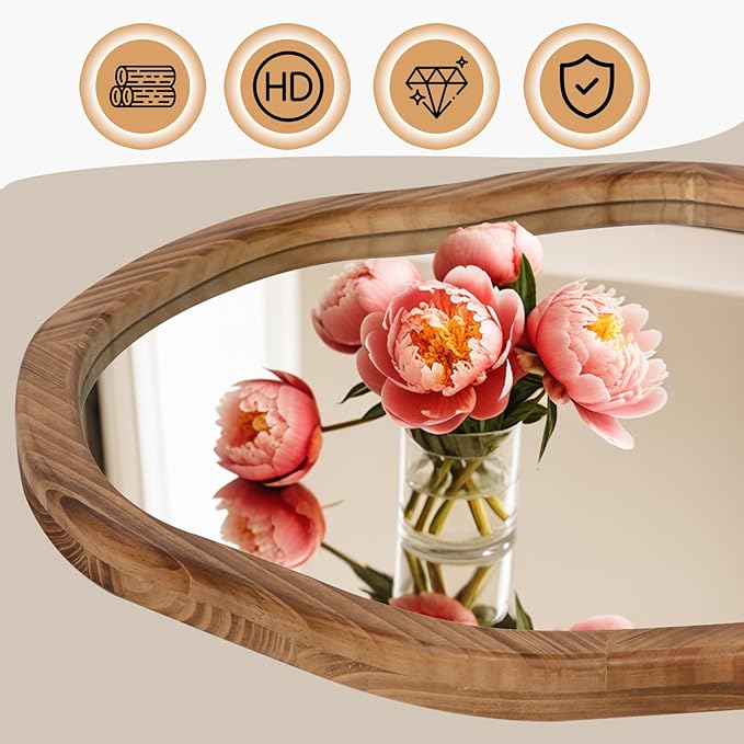 ULIKE Round Wood Mirror, 30 Inch Asymmetrical Circle Vanity Mirror with Wood Frame, Rustic Decorative Wall Mount for Bathroom Bedroom Living Room Entryway