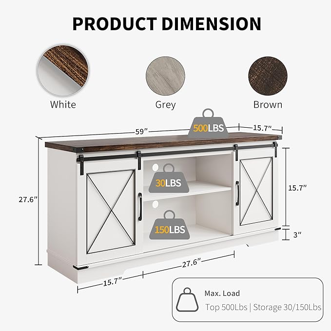IDEALHOUSE Farmhouse TV Stand and Entertainment Center for Tv up to 65 inches with Sliding Barn Doors, Tv Media Console Table with Storage Cabinet for Living Room, White & Brown