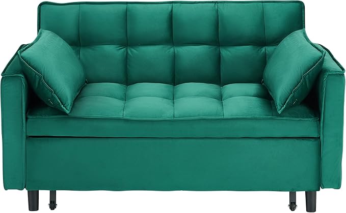 Ball & Cast 55" Convertible Sofa Bed,3 in 1 Sleeper Sofa W/Pull-Out Bed,Convertible Pull Out Couch W/2 Pillows,Adjustable Backrest & Side Pocket,Velvet Futon Couches for Living Room,Apartment,Green