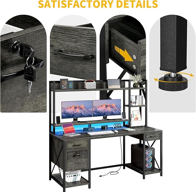 DWVO Computer Desk with Drawers & Hutch, 59.1" Office Desk with Power Outlets & LED Lights, Home Office Desk with Storage Shelves, Grey