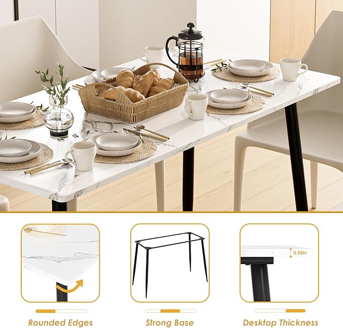 Garden 4 you Wood Dining Table for 4-6 People, Modern Rectangular Indoor Dinner Table, 47" Metal Frame Kitchen Table with Legs for Kitchen, Dining Room, Living Room, White