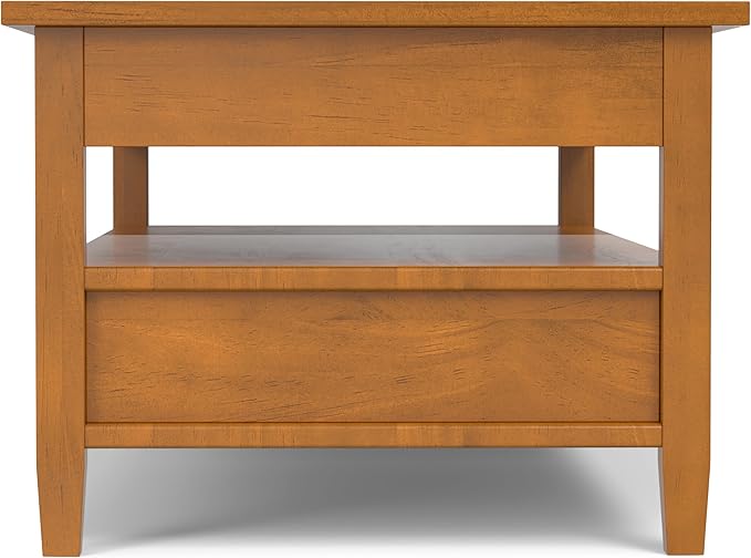 SIMPLIHOME Warm Shaker Lift Top Coffee Table - 48 inch Wide Solid Wood Cocktail Table in Light Golden Brown, Transitional Living Room Table with Hidden Storage, 2 Drawers, and Open Shelf