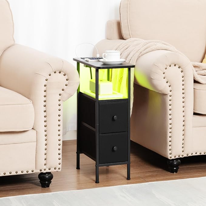 Narrow End Table Living Room with Charging Station, Skinny Side Table with Fabric Drawers, Slim LED Nightstand for Bedroom, Small Spaces, Couch, Black, HETNDP02LBK-1