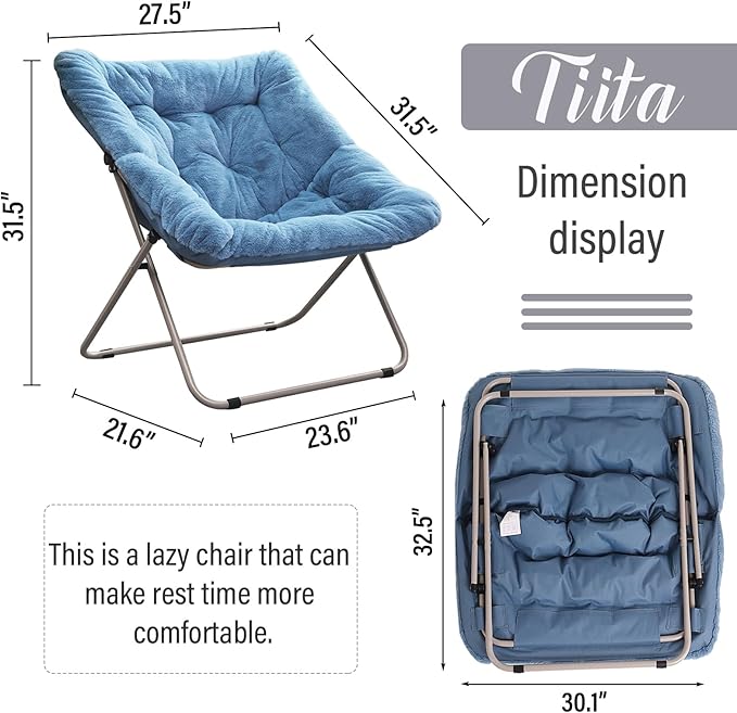 Tiita Comfy Saucer Chair, Soft Faux Fur Oversized Folding Accent Chair, Lounge Lazy Chair for Kids Teens Adults, Metal Frame Moon Chair for Bedroom, Living Room, Dorm Rooms, X-Large, Blue