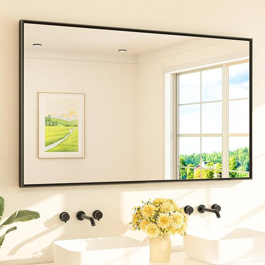 TETOTE Matte Black Beveled Framed Bathroom Mirror 60" x 36" Large Black Rectangle Metal Vanity Wall Mirror for Bathroom Sink, Modern Farmhouse, Tempered Glass, Shatterproof, Stronger Frame