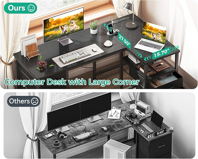 Coleshome L Shaped Computer Desk with 6 Drawers & Power Outlet, 55 Inch Corner Desk with Reversible Storage Shelf & File Drawer, Home Office Desk, Black