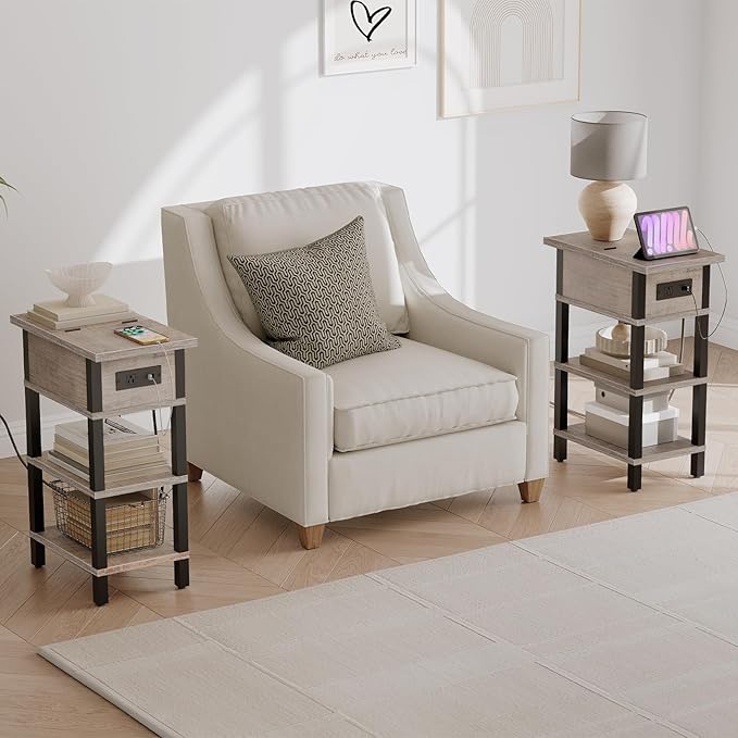 HOOBRO End Table with Charging Station, Flip Top Side Table with USB Ports, Narrow Nightstand Bedside Tables with Storage Shelves, for Small Space, Living Room,Greige and Black BG141UBZ01