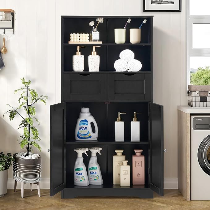 Iwell Tall Storage Cabinet, Black Storage Cabinet with 2 Drawers & Adjustable Shelves, Bathroom Cabinet for Living Room, Dining Room, Entryway, Black