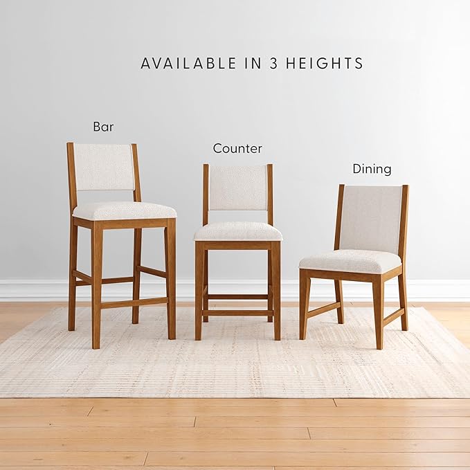 Plank+Beam Sereno Bar Stool, 30", Set of 2, Sturdy Wood Modern Kitchen Bar Height Stool, Upholstered Cushion Bar Chair with Back, Pecan/Ivory