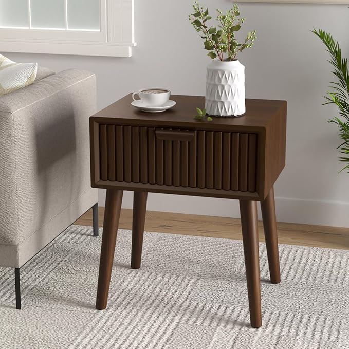 COSIEST Modern End Table w Striped Pattern, Mid-Century Nightstand w Storage Drawer, Small Wood Accent End Table for Bedroom, Living Room