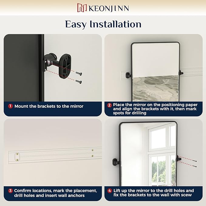 Keonjinn Pivot Mirror Bathroom, 20 x 24 In Beveled Tilt Mirror Bathroom, Matte Black Farmhouse Rectangular Metal Framed Mirrors, Rounded Corner Rectangular Vanity Mirrors for Wall, Horizontal/Vertical