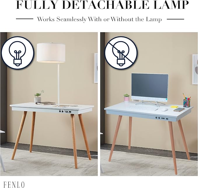 FENLO Future 39" Mid Century Modern Desk for Home Office, Office Desk with USB Charging Station, Wireless Charging, USB, USB-C Ports, White