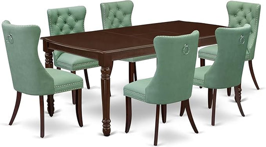 East West Furniture DODA7-MAH-22 7 Piece Dining Set Consists of a Rectangle Wooden Table with Butterfly Leaf and 6 Polyester Fabric Upholstered Chairs, 42x78 Inch, Mahogany