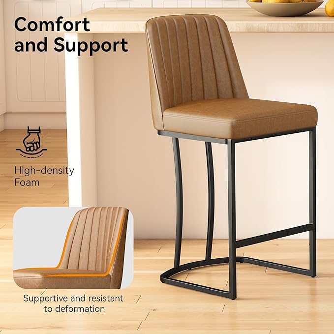 Bar Stools Set of 2, Faux Leather Counter Height Barstools, Upholstered Kitchen Counter Stools with Back and Stitching, 25.6" H Kitchen Island Stools Bar Chair, Metal Framed, Whisky Brown