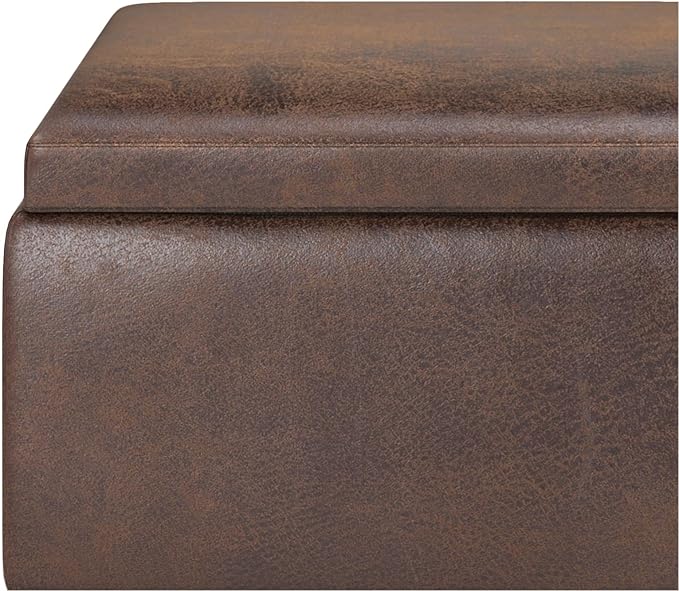 SIMPLIHOME Owen 34 inch Wide Mid Century Modern Rectangle Coffee Table Storage Ottoman Distressed Chestnut Brown/Flip Over Tray top