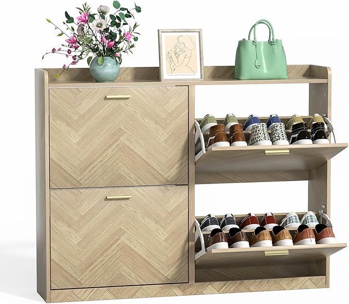 47" Large Shoe Cabinet with 4 Flip Drawers, Freestanding Shoe Storage Cabinet for Entryway, Hidden Shoe Cabinet Organizer with Adjustable Shelf, Narrow Shoe Rack for Entryway, Hallway, Oak