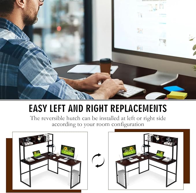 Tangkula Reversible L-Shaped Desk with Hutch, Space Saving Corner Computer Desk with Storage Shelves, Home Office Study Writing Desk Computer Workstation with Storage Bookshelf, Gaming Desk