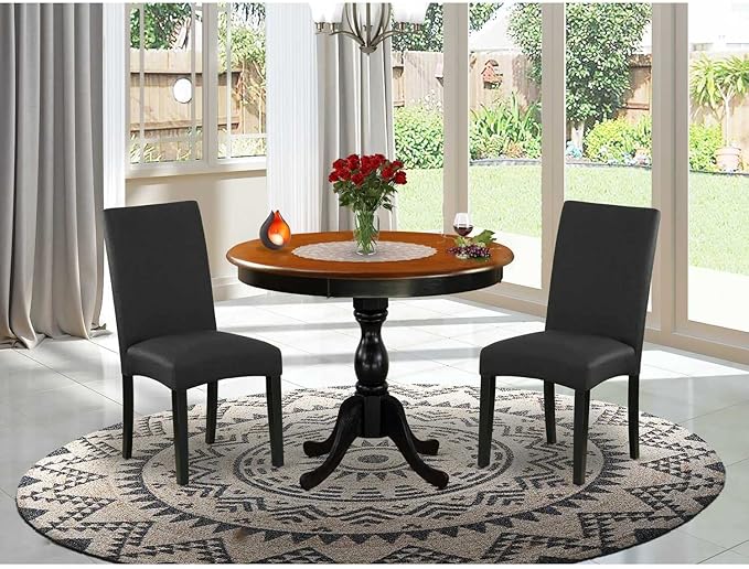 East West Furniture AMDA3-BCH-C 3 Piece Kitchen Table Set for Small Spaces Contains a Round Dining Room Table with Pedestal and 2 Linen Fabric Upholstered Chairs, 36x36 Inch, Black & Cherry