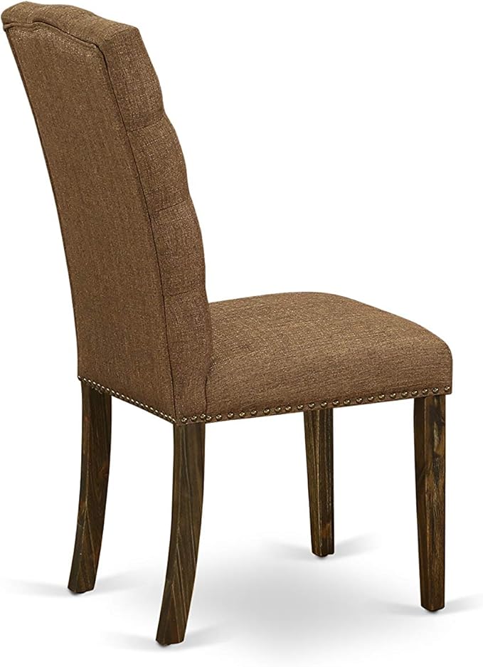 East West Furniture F3EL7-718 7 Piece Kitchen Table Set Consist of a Round Dining Table with Pedestal and 6 Brown Linen Linen Fabric Parsons Dining Chairs, 48x48 Inch, Distressed Jacobean