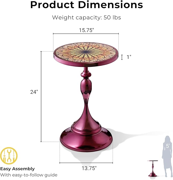 HOMES: Inside + Out Halric Modern 24" Tall Round End Table with Decorated Tabletop and Iron Metal Base, Accent Furniture, Elegant Pedestal Stand for Living Room, Home Office, Chrome Purple